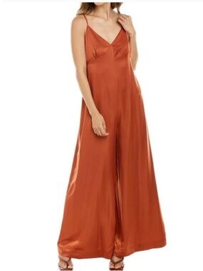 Who What Wear Sateen Sleeveless V-Neck Flared Wide Jumpsuit Burnt Orange Medium